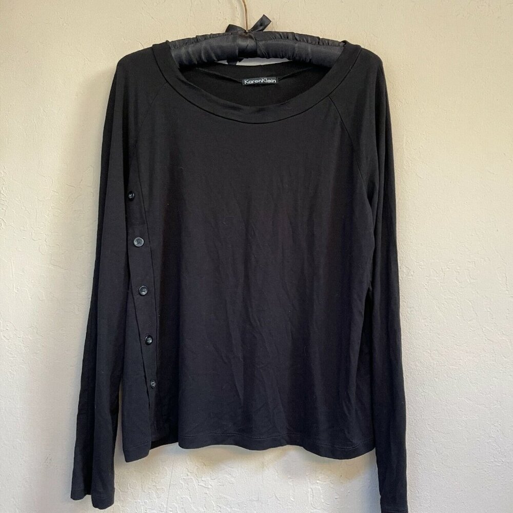 Karen Klein Women's T-Shirt Boat Neck Side Buttons Long Sleeve Large Black